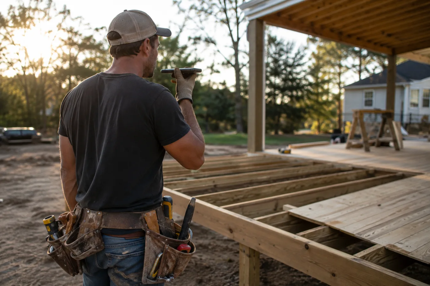 A contractor in a tool belt speaking into his phone beside a partly framed deck at sunset.