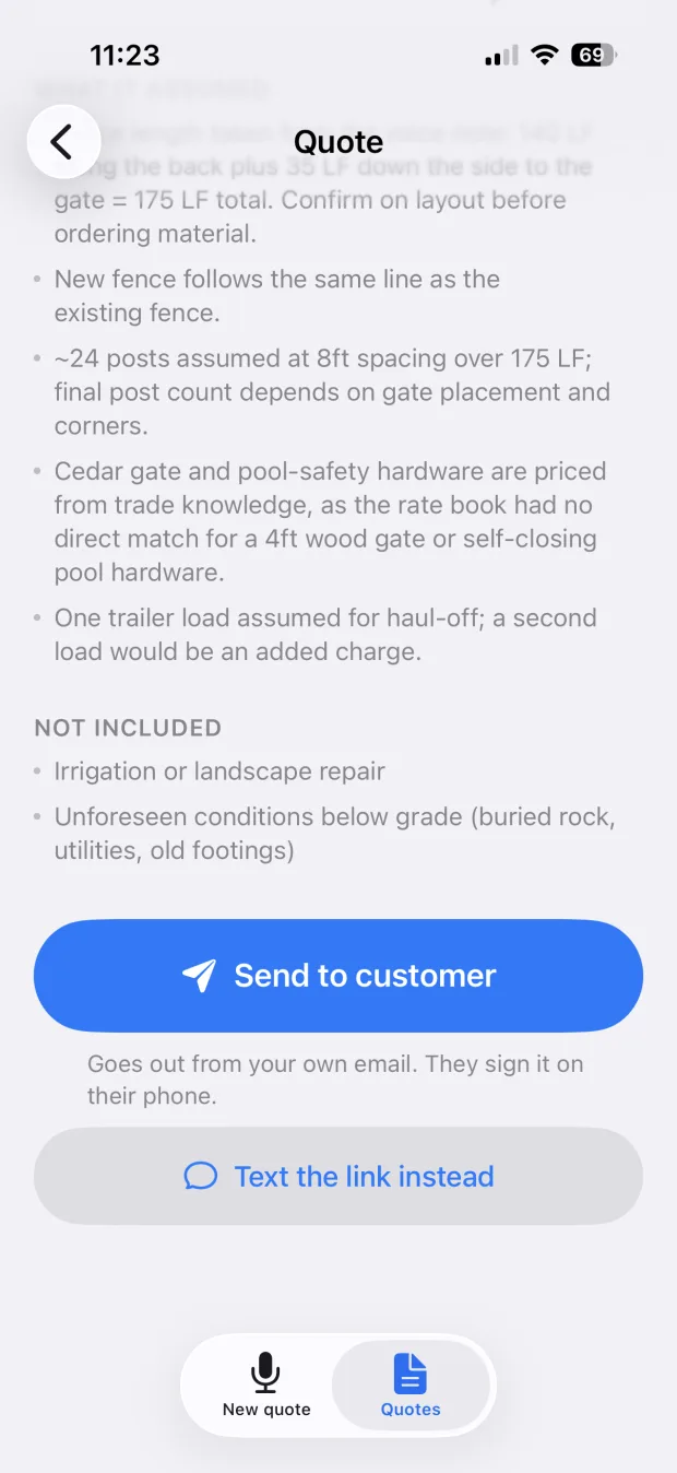 The same quote's assumptions and exclusions, above buttons reading Send to customer and Text the link instead.