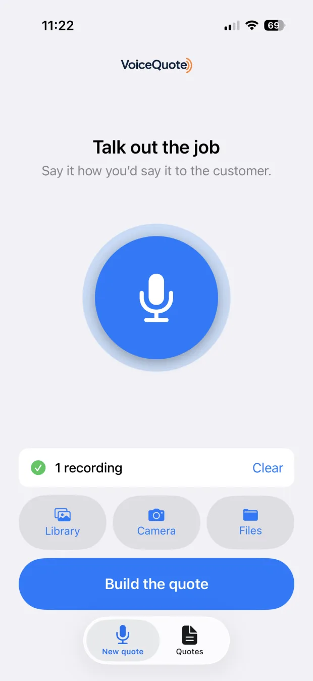 The VoiceQuote app's capture screen, showing a microphone button, one recording attached, and buttons for photo library, camera and files.