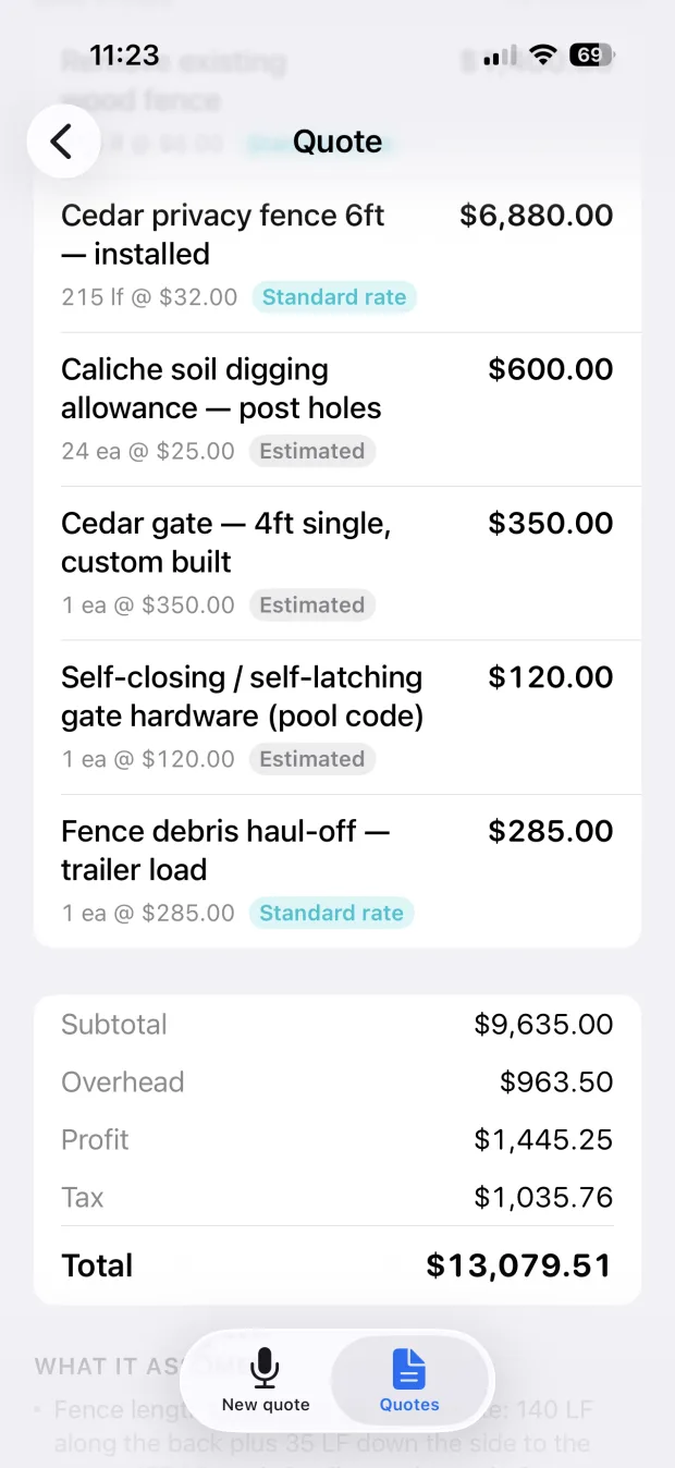 A quote in the app: cedar fence line items with quantities and rates, each tagged either standard rate or estimated, and a total of $13,079.51.